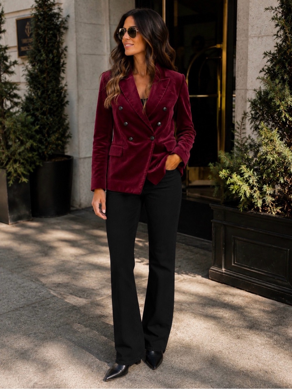 White House Black Market Burgundy Velvet Double-Breasted Blazer